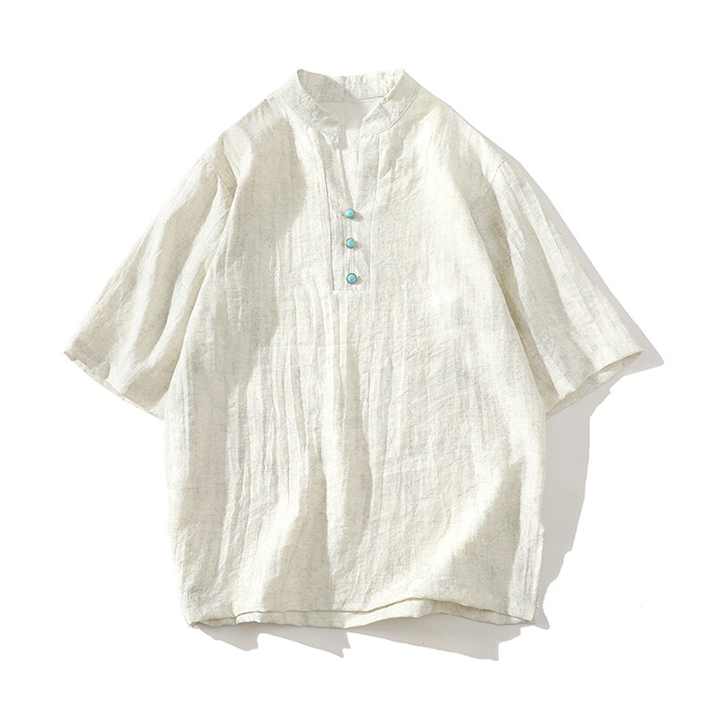 新中式半袖落肩立领透气日常吸汗百搭短袖T恤男A087-1-YM667P65，男装T恤，电商A087-1