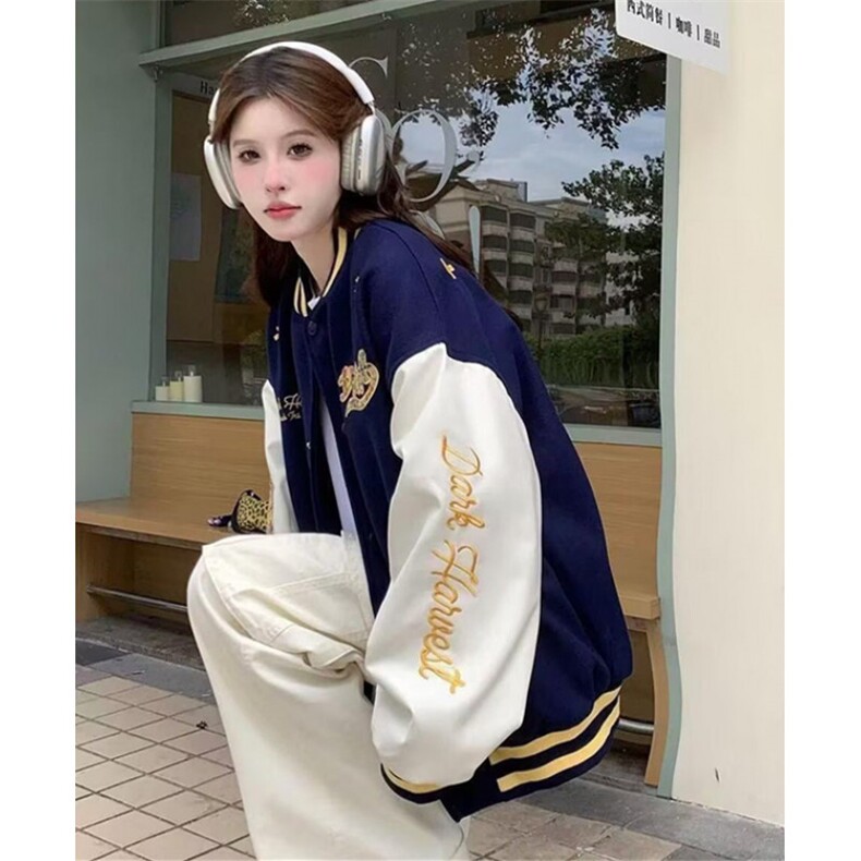 美式原创撞色字母刺绣棒球服男女秋季宽松潮牌外套上衣JKT48,女装短外套,星座1116A（原606A-3）