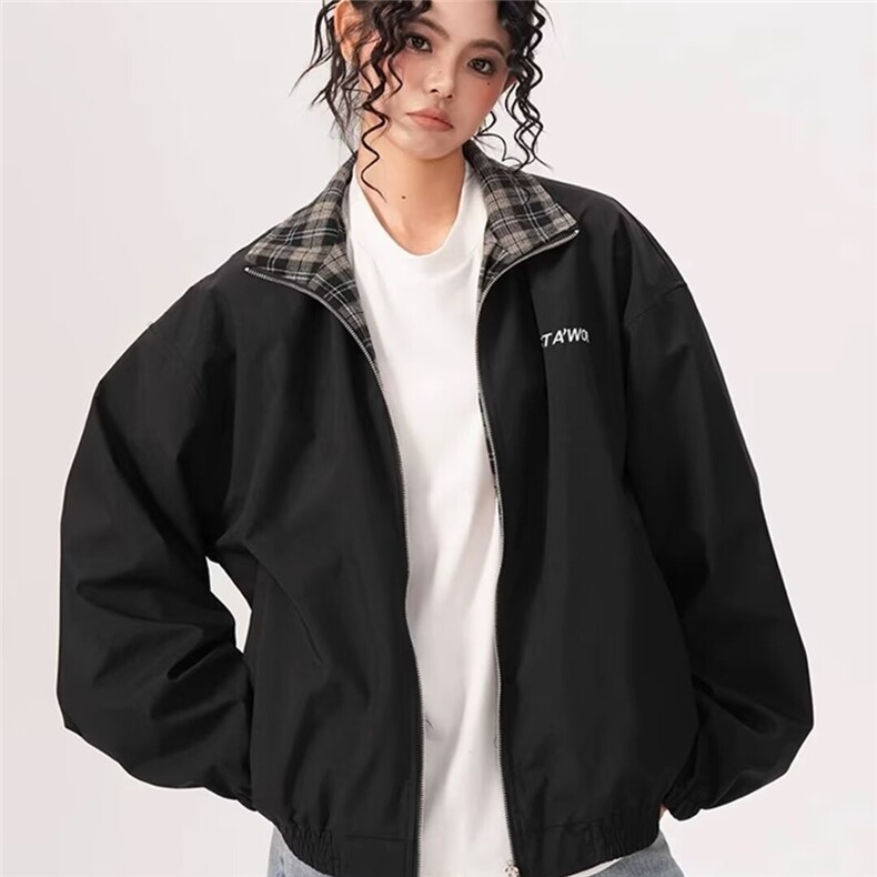 港风春款男女立领拉链夹克衫双面穿格子布字母印花外套JK9337P70，男装夹克，星座1013-1