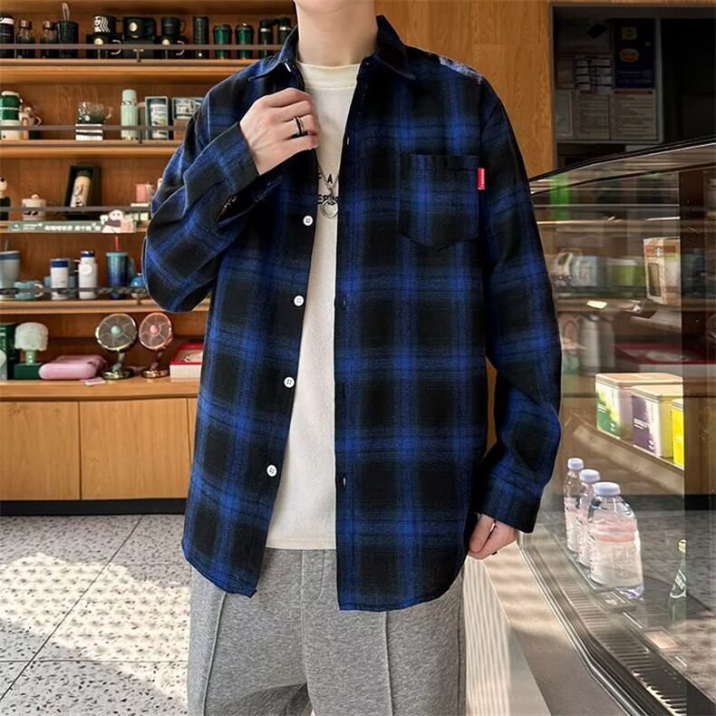 春秋季新款长袖格子衬衫美式复古潮牌宽松休闲上衣外套,男装衬衫,星座410-7