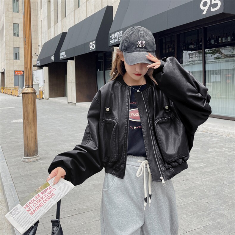 黑色酷飒时尚短款机车皮衣外套女2026秋季新款182-8516-P145-K198，女装皮衣，帛香坊