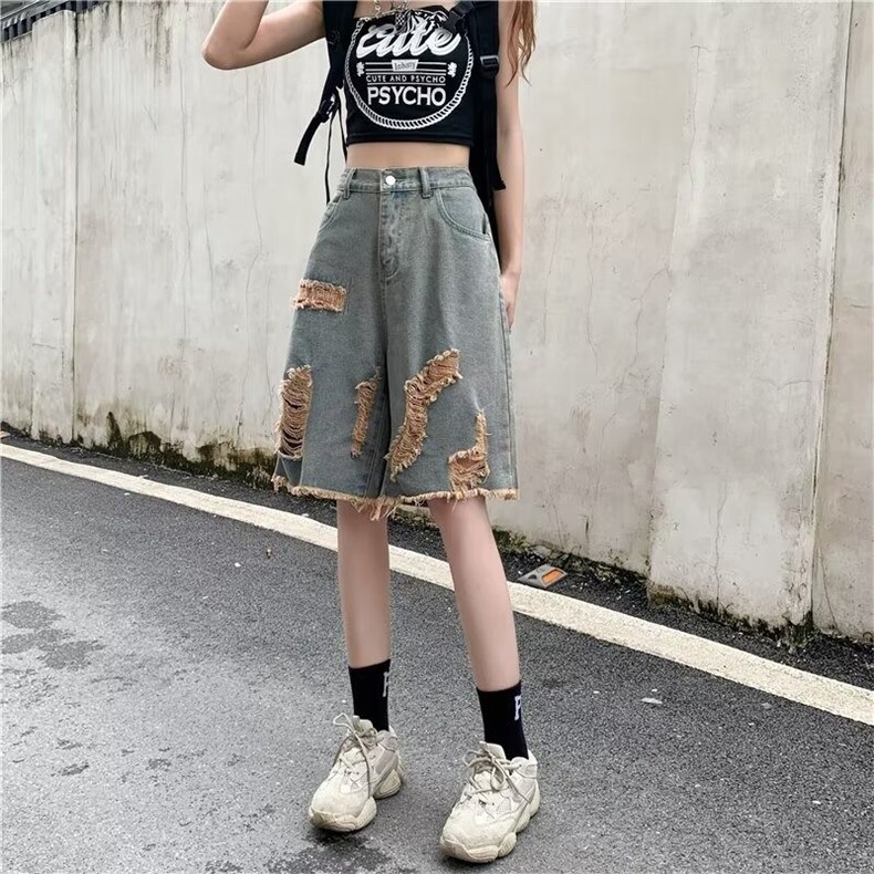 夏季薄款拼色牛仔破洞短裤子女韩版潮流宽松百搭直筒休闲五分中裤,男装牛仔裤,星座506A