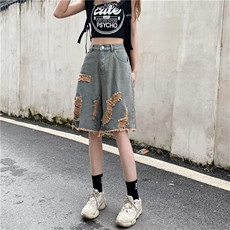 夏季薄款拼色牛仔破洞短裤子女韩版潮流宽松百搭直筒休闲五分中裤，男装牛仔裤，星座506A