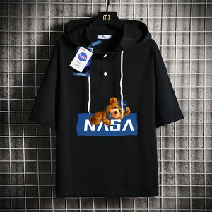 LD54247-P45 NASA连帽短袖t恤男大码胖子带帽五分袖中袖 网格图片