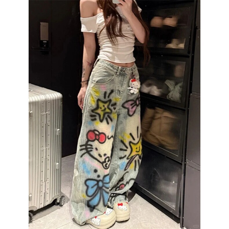 【现货】美式多巴胺涂鸦中性弯刀牛仔裤款男女 P54 YW0994图片