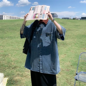 港风复古牛仔衬衫男2024年夏新款短袖衬衣青少年宽松休闲工装外套图片