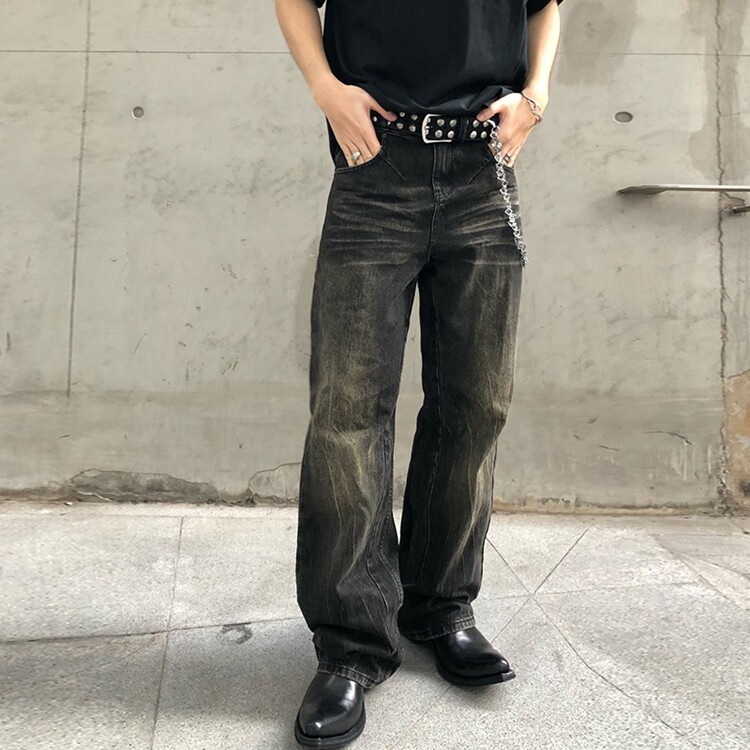 美式高街闪电裂纹微喇牛仔裤男潮牌cleanfit水洗直筒长裤,男装牛仔裤,星座218-8