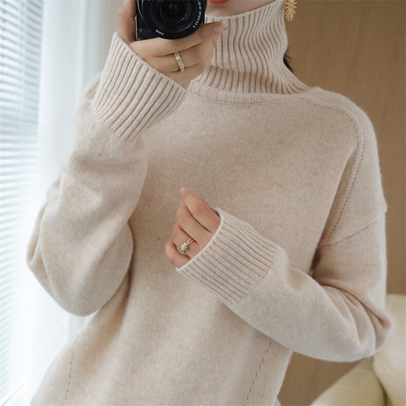 秋冬新高领衫女加厚宽松100羊毛百搭毛衣纯色针织打底衫2023图片