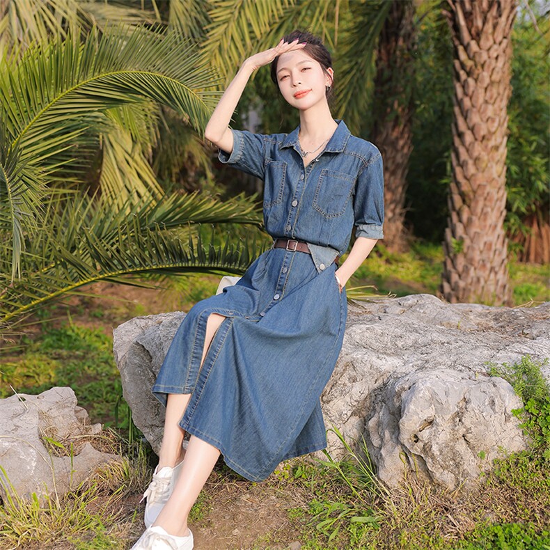 2023新款夏款薄款韩版牛仔连衣长裙修身显瘦大摆裙,女装连衣裙,瑶迪依秀