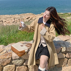 条纹翻边风衣外套女春秋2025新款韩系高级感收腰洋气中长款大衣，女装风衣，蝶眷