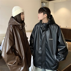 港风连帽鳄鱼纹PU皮衣大码情侣休闲冲锋衣夹克男JK8744P90控128，男装夹克，星座227-7