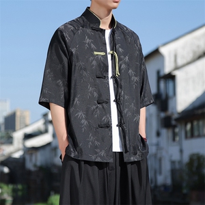 夏季新中式风竹叶提花插肩袖手工盘扣短袖唐装立领衬衫30503图片