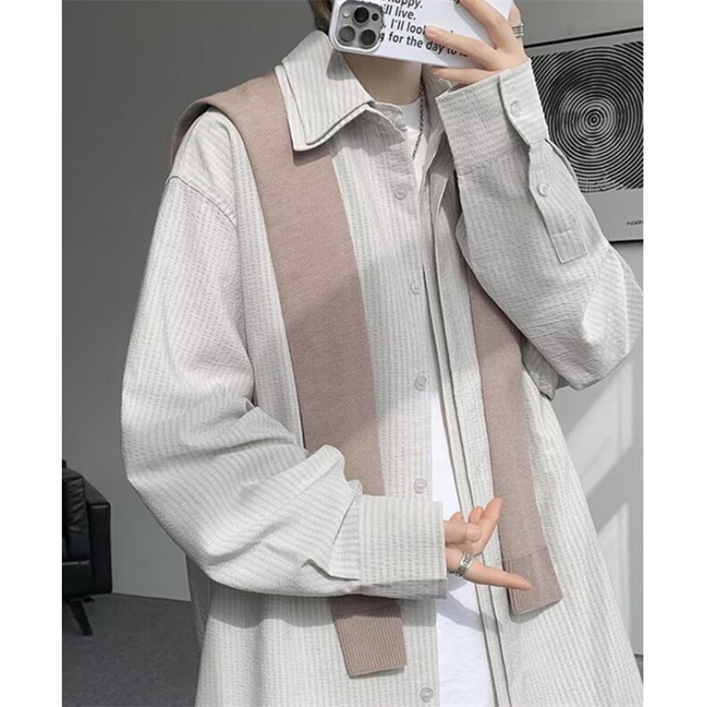 春季新款时尚百搭条纹衬衫男短款翻领宽松显瘦长袖上衣C191，男装衬衫，星座1116A（原606A-3）