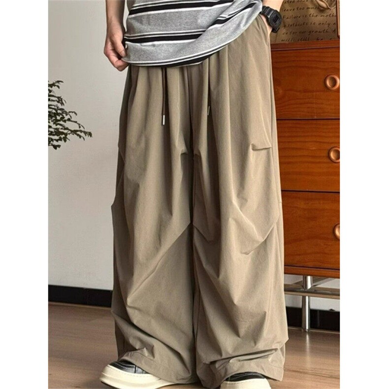 CP1227-P35夏季日系复古宽松褶皱阔腿裤男女直筒松紧腰休闲长裤，男装休闲裤，电商B323A