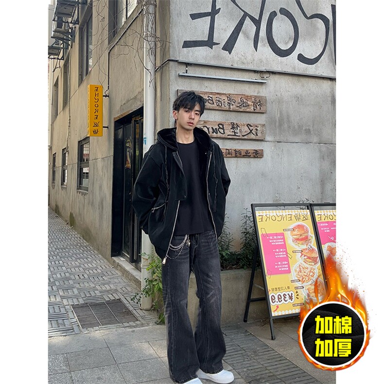 现货高品质美式高街重磅座山雕连帽pu皮棉衣男女加厚毛毛绒冬外套，男装皮衣，电商A486-1