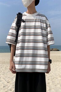 2024夏季新潮ins条纹中性风圆领男宽松透气短袖T恤图片