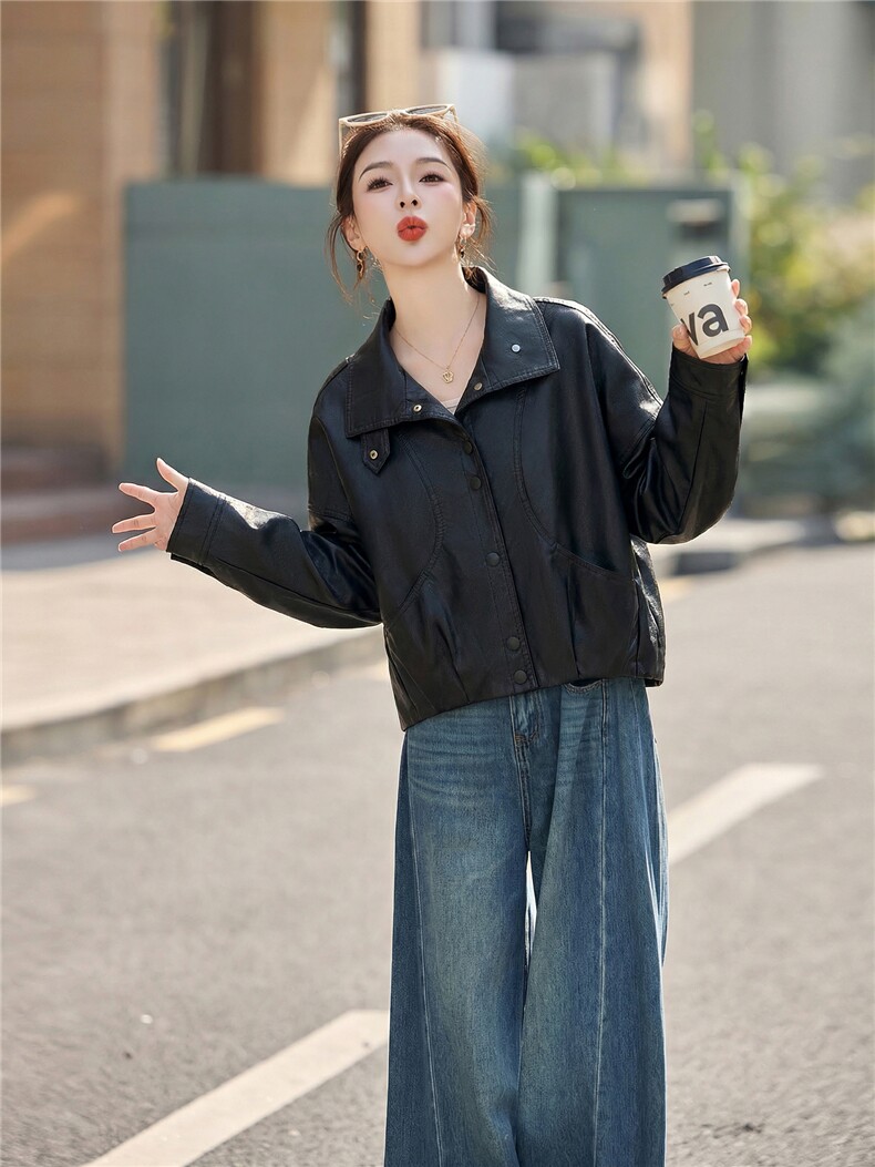 皮衣外套女春秋季2026新款小个子港风复古高级感皮夹克机车,女装皮衣,秀美人生