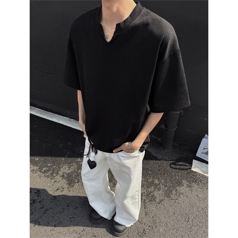 肌理感V领T恤男夏季cleanfit亲肤垂感休闲痞帅短袖冰丝凉感半袖男,男装T恤,星座506A
