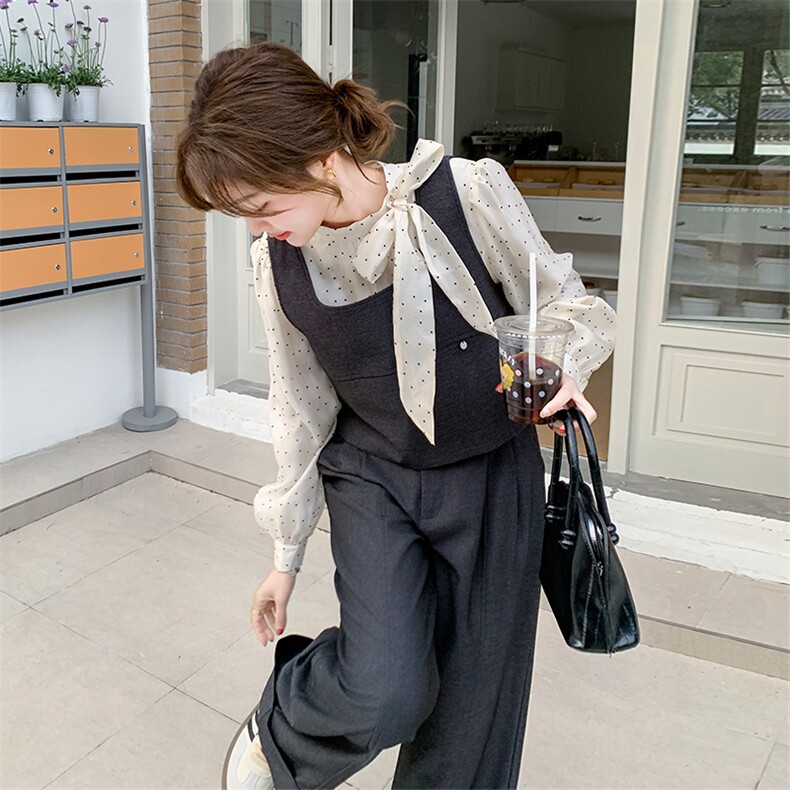 2025春季新款女搭配一整套蓝色牛仔背心阔腿裤搭配波点衬衫三件套图片