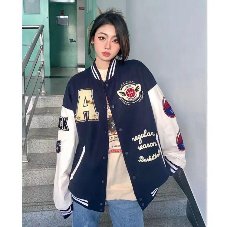 2025潮牌毛巾绣字母棒球服外套男女秋季复古宽松潮流情侣夹克图片