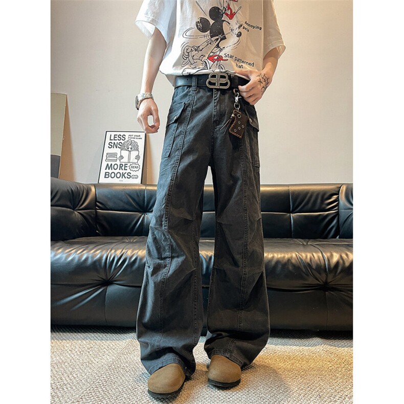 美式复古做旧褶皱微喇叭工装裤男女高级感宽松休闲裤子潮K380-P65，男装工装外套，星座308B-1