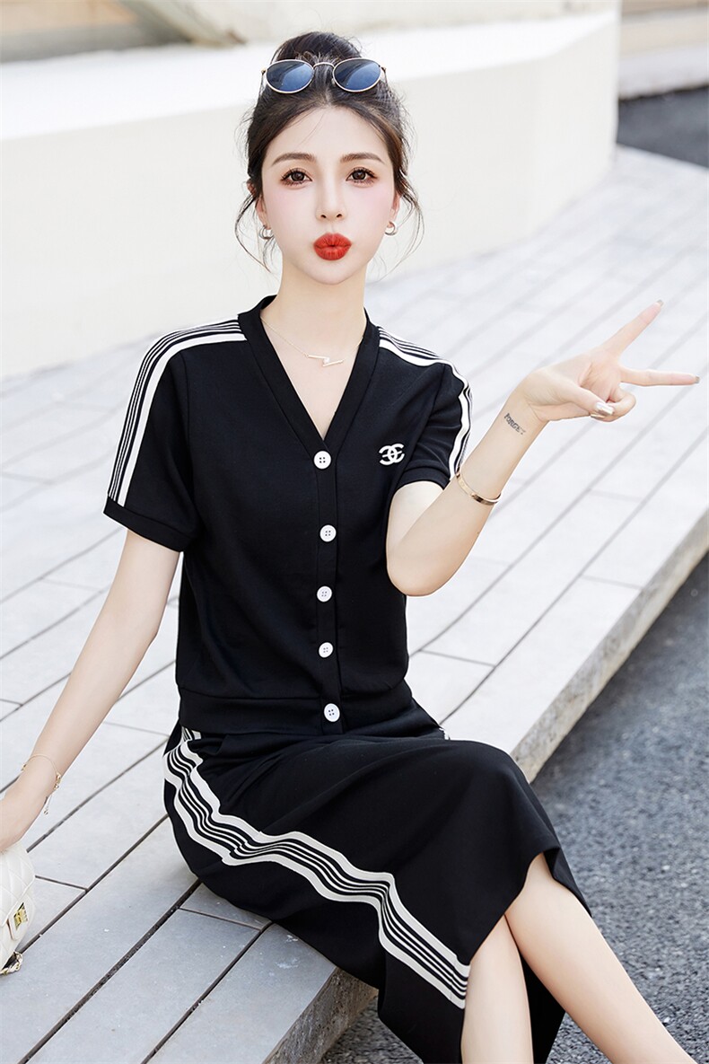 现货2023时尚休闲两件套套装修身运动款短袖韩版休闲套装,女装运动套装,然然