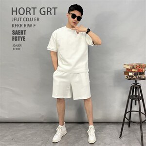 21013-p1452025夏高档新款宽松休闲纯色短袖T恤短裤高品质套装