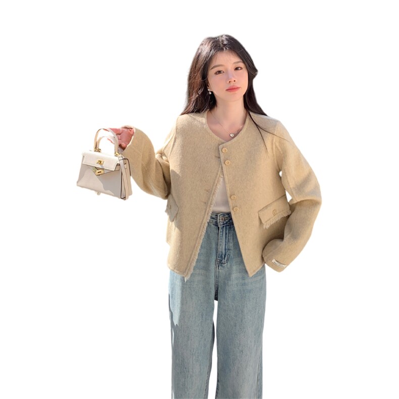 新品粉色超好看小个子双面羊毛大衣女外套A509P195K298,女装短外套,2C268