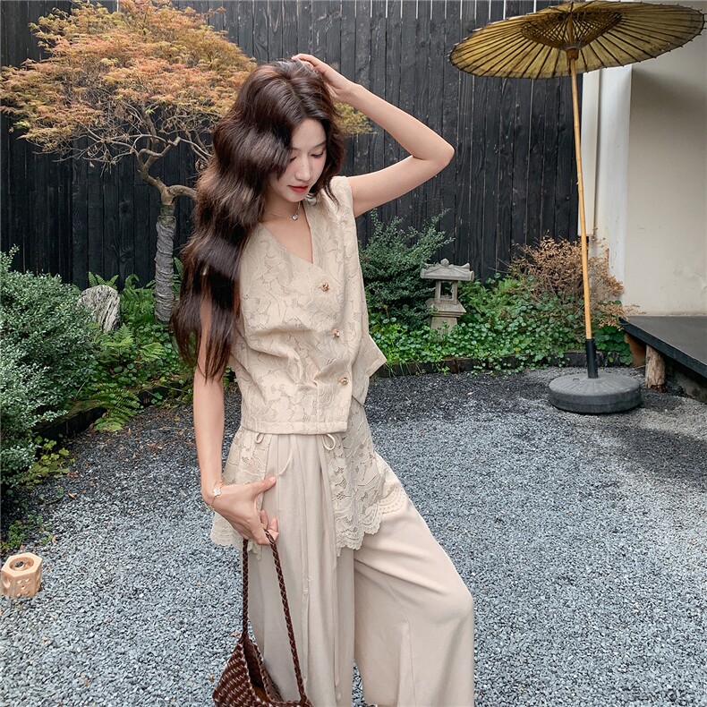 轻熟风气质套装女2026夏季薄款蕾丝上衣显瘦阔腿裤两件套,女装套装/套裙,冬木谷雨