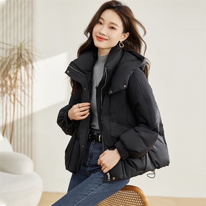 红色短款加厚面包羽绒服女2025冬新款休闲时尚连帽保暖白鸭绒外套图片
