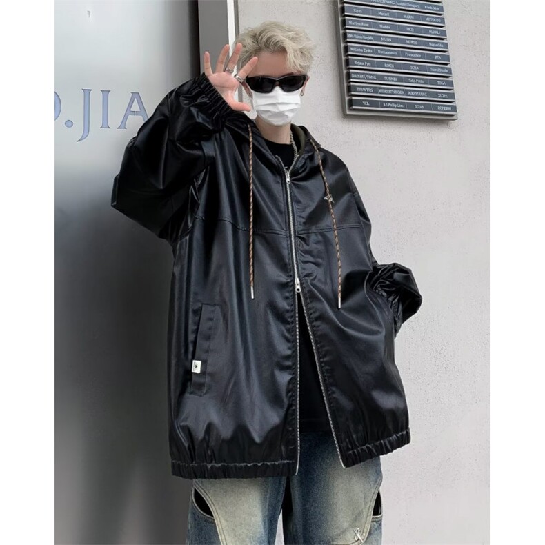 PU皮衣连帽夹克男春秋街头潮牌宽松上衣休闲宽松外套W9279-P70,男装皮衣,星座1109-3