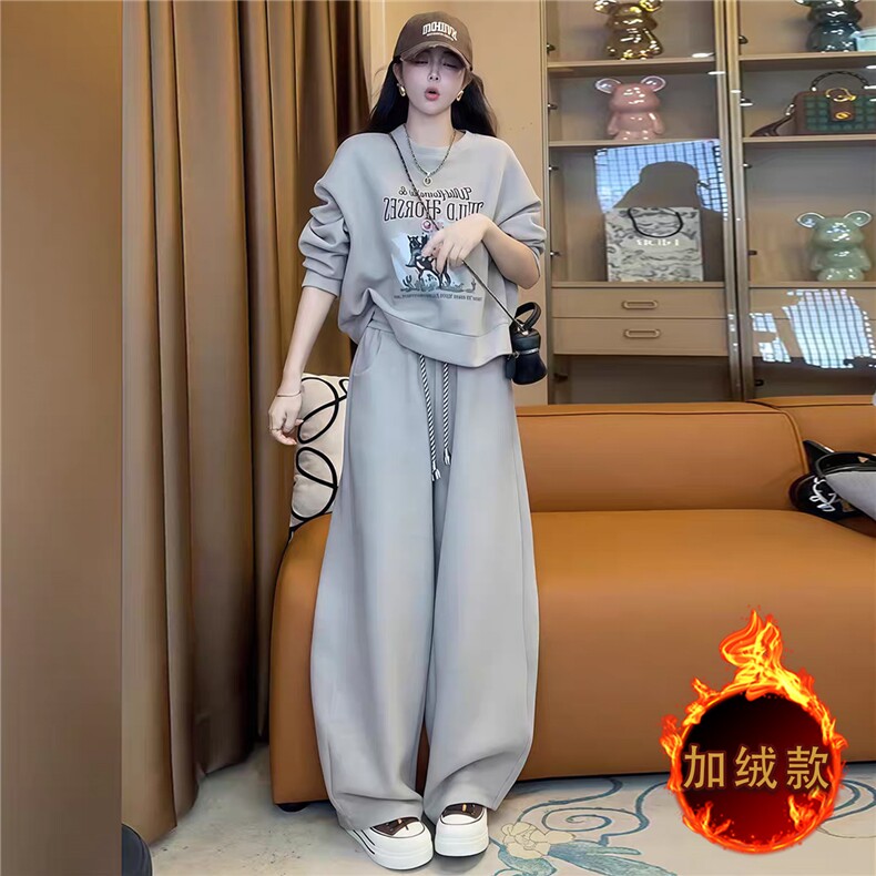 休闲时尚套装女秋冬新款洋气减龄圆领印花长袖卫衣阔腿长裤两件套,女装套装/套裙,2C310