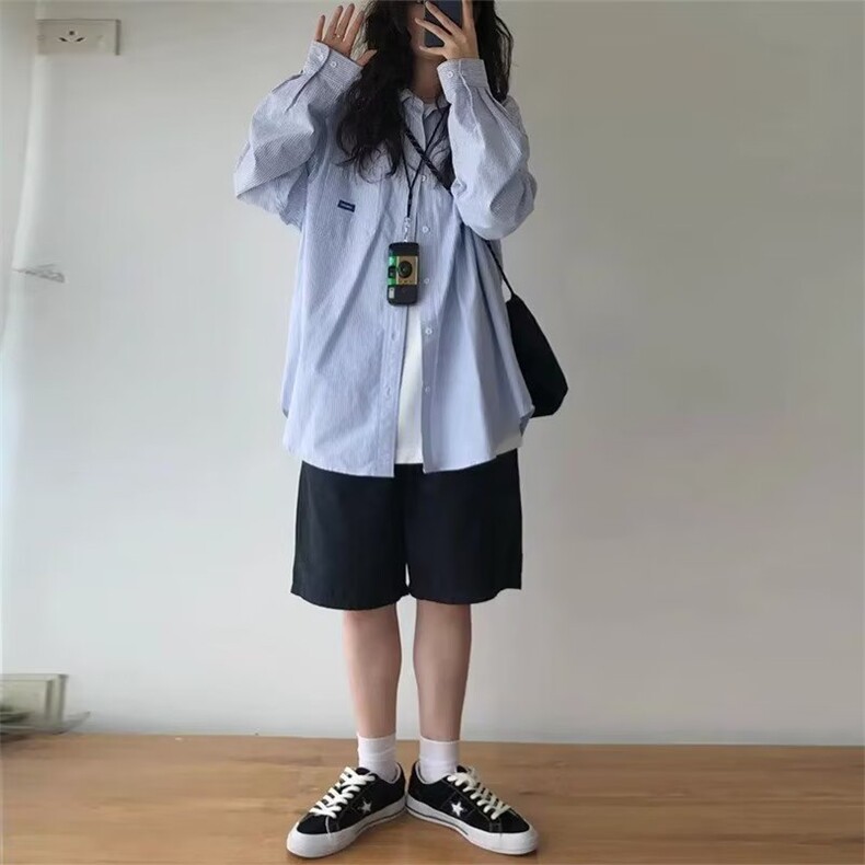 宽松型百搭原宿尖领流行ins简约文艺潮流衬衫日系长袖女气质新款,男装衬衫,星座1210-1