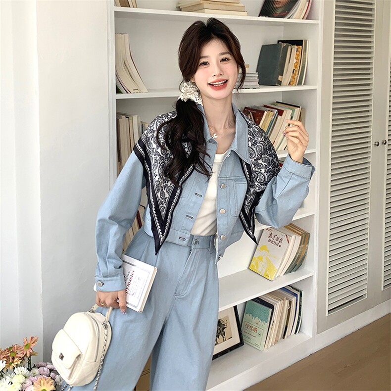 水洗牛仔上衣+阔腿牛仔裤配丝巾三件套2C050-1239-P195-K288,女装套装/套裙,2C050