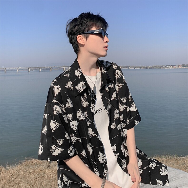 特批P25无差价夏季潮流翻领冰丝凉感宽松五分短袖花衬衫男CD5479,男装衬衫,电商A001-1