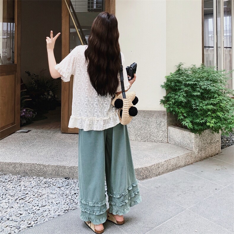 森系甜美蕾丝短袖T恤木耳边阔腿裤两件套女2025夏季新款休闲气质,女装套装/套裙,浙宝217