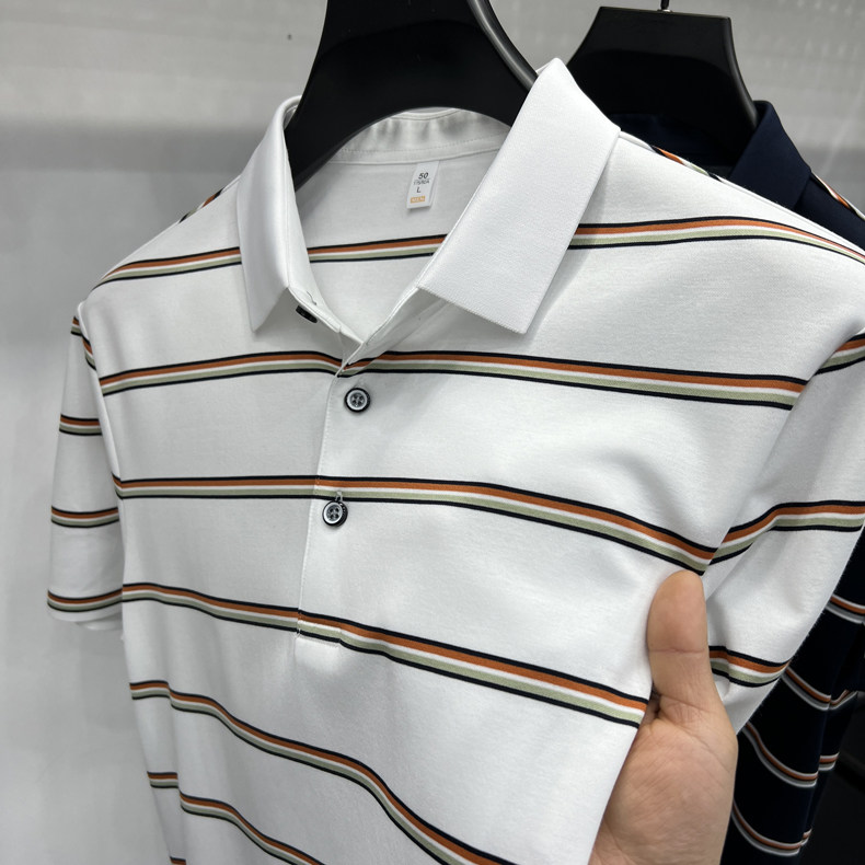 夏季新款男士短袖POLO杉高档轻商务翻领条纹百搭中年爸爸装,男装T恤,电商B212（原钱塘6029）