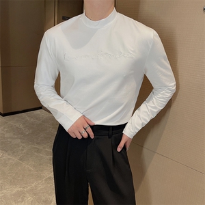 王嘉尔同款高弹显瘦修身长袖打底衫刺绣半高领T恤男潮 TX1205-P50图片