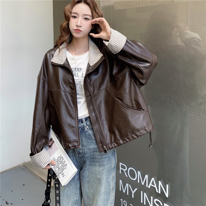 美式复古高级感条纹撞色PU皮衣外套女2025春秋季新款韩系显瘦夹克,女装皮衣,蝶眷