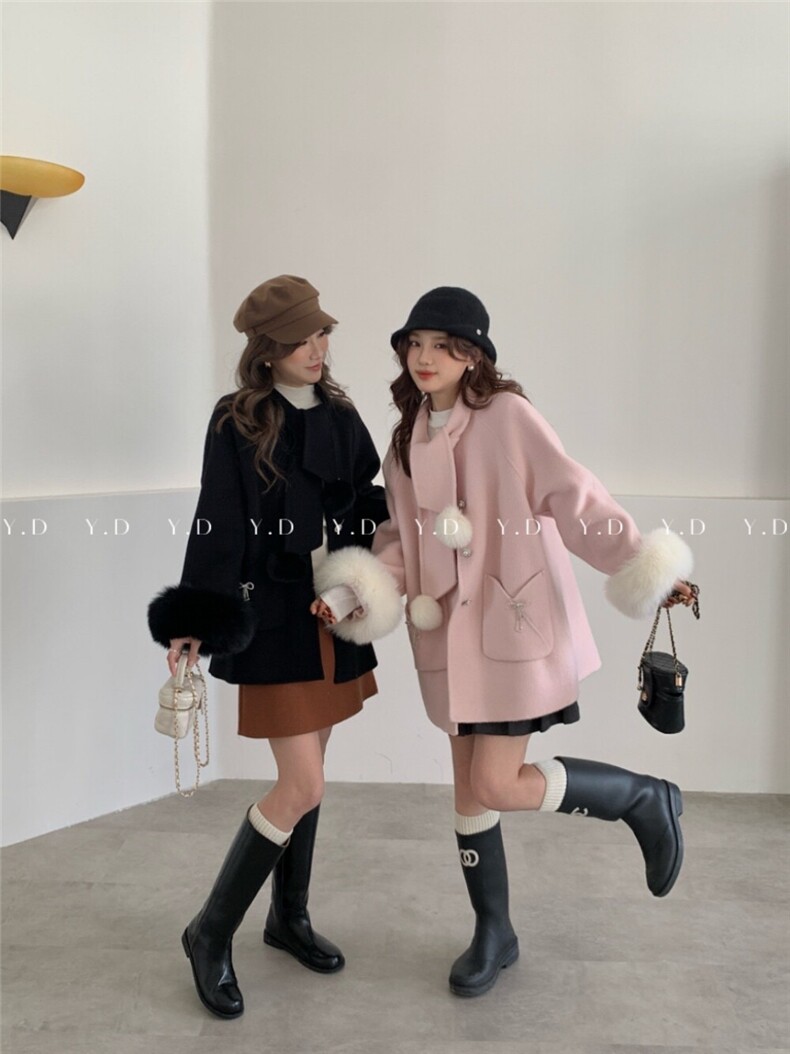 围巾领高级感氛围感小个子羊毛外套(配可拆卸袖毛)(含,女装双面呢大衣,依嘟服饰