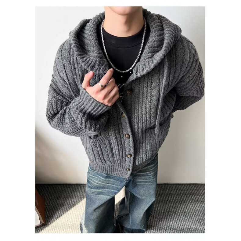 秋冬日系复古纯色针织开衫外套男女潮牌宽松百搭提花情侣毛衣,男装针织衫/毛衣,星座506A