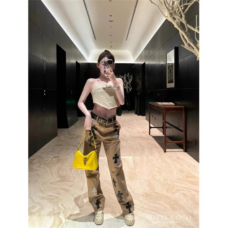 卡其色十字架拼皮牛仔裤女口袋宽松个性中低腰直筒显瘦休闲长裤女,男装皮裤,星座506A