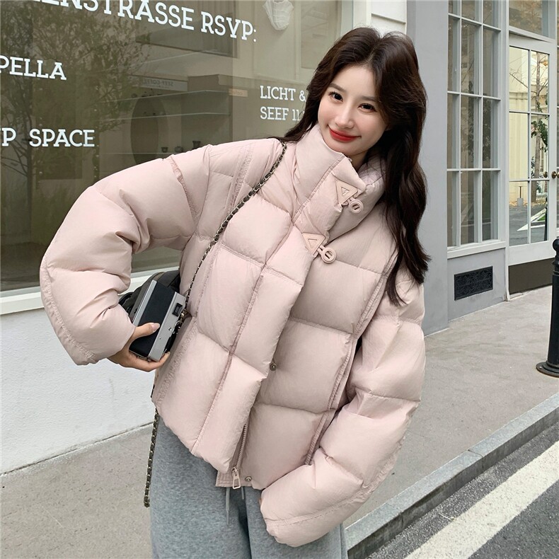 韩系粉色立领羽绒服女冬2025新款超火好看高级小众保暖加厚短外套,女装羽绒服,2B082