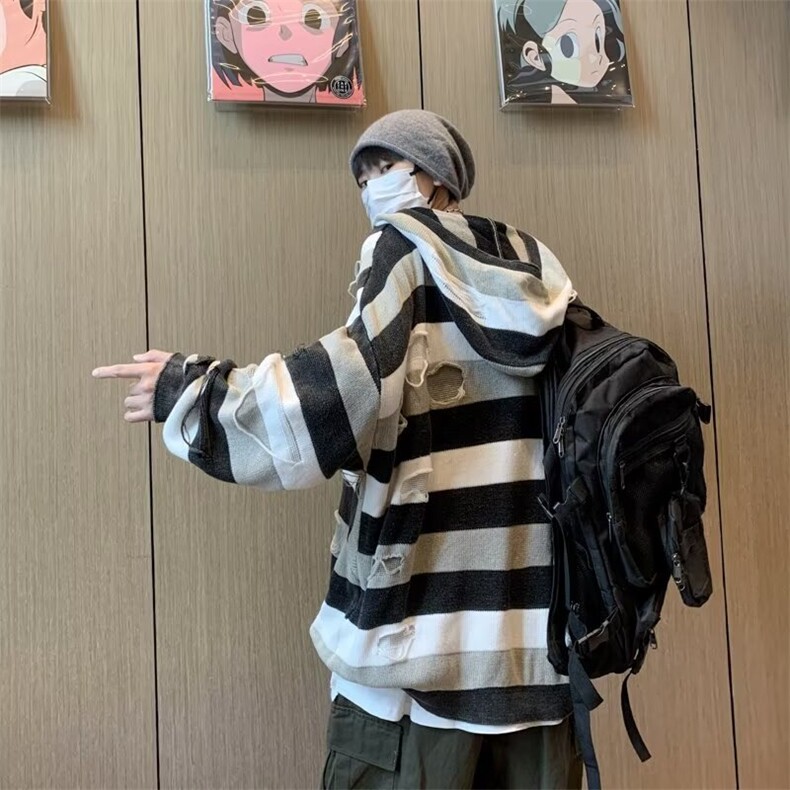 秋冬季潮流痞帅套头针织衫连帽卫衣男士美式破洞条纹毛衣M7019,男装针织衫/毛衣,星座1116A-1（原606A）