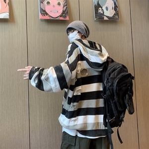 秋冬季潮流痞帅套头针织衫连帽卫衣男士美式破洞条纹毛衣 M7019图片