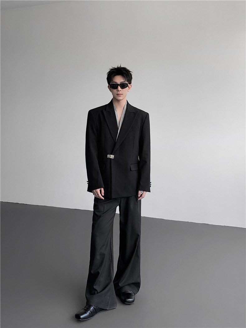 现货25设计新中式斜门禁男士金属扣假两件西装外套xz152-p138,男装西服套装,电商B288