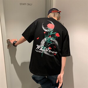 2023夏新款港风玫瑰印花圆领时尚短袖T恤上衣T2229-P42，男装T恤，星座914-3