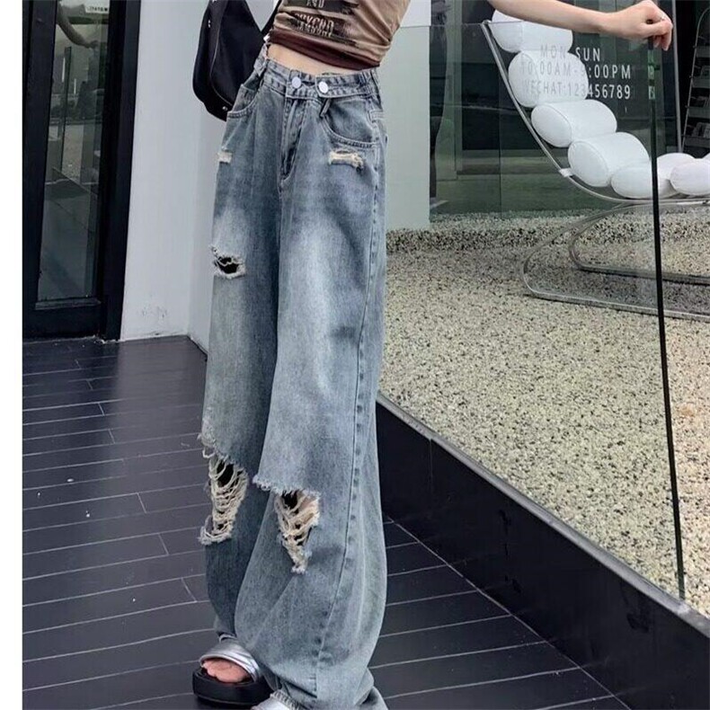 复古美式破洞牛仔裤女夏季设计感高腰直筒宽松阔腿裤LE00522-p45,男装牛仔裤,星座1008