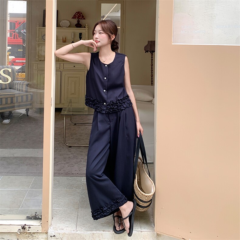 藏青色盐系木耳边套装女2025年夏季新款气质通勤马甲阔腿裤两件套,女装套装/套裙,纯色衣恋