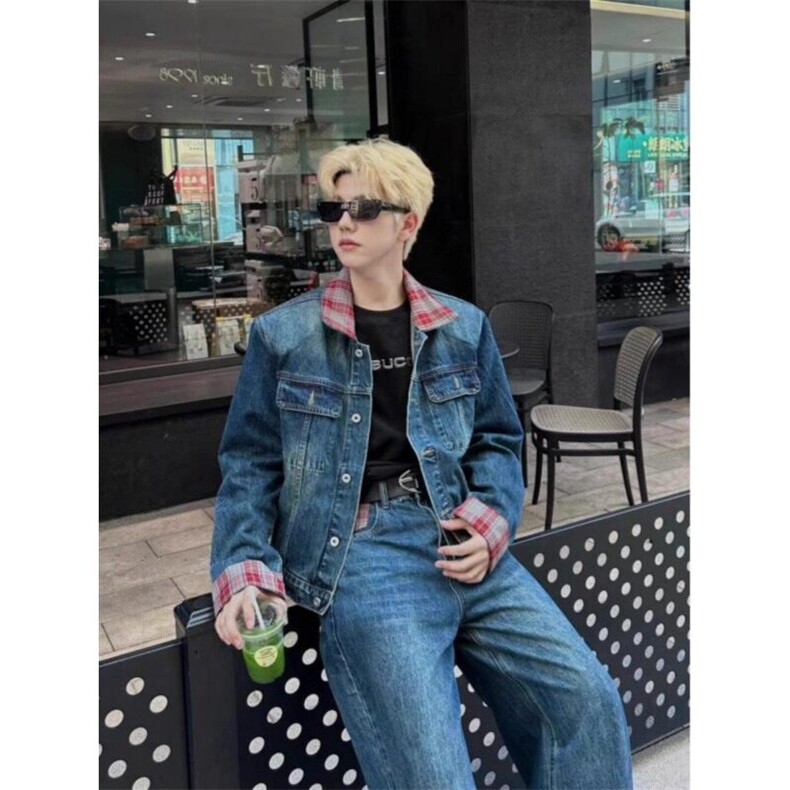 格子不规则拼接高级设计感牛仔套装牛仔裤NZ64特P62JK657特P78,男装牛仔裤,星座908-1